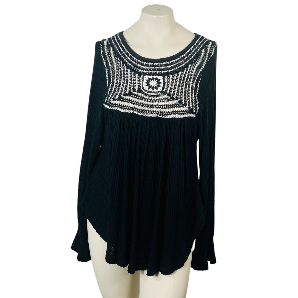 Free People Soulmate Crochet Tunic Top Black Waffle Knit Long‎ Sleeves Size S